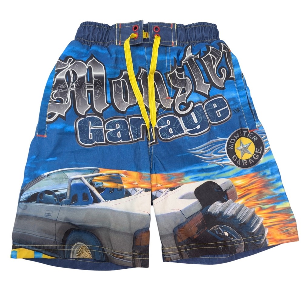 Monster Garage Boys Swim Trunks Size 4/5 Blue Car Graphic Elastic Waist‎ Beach